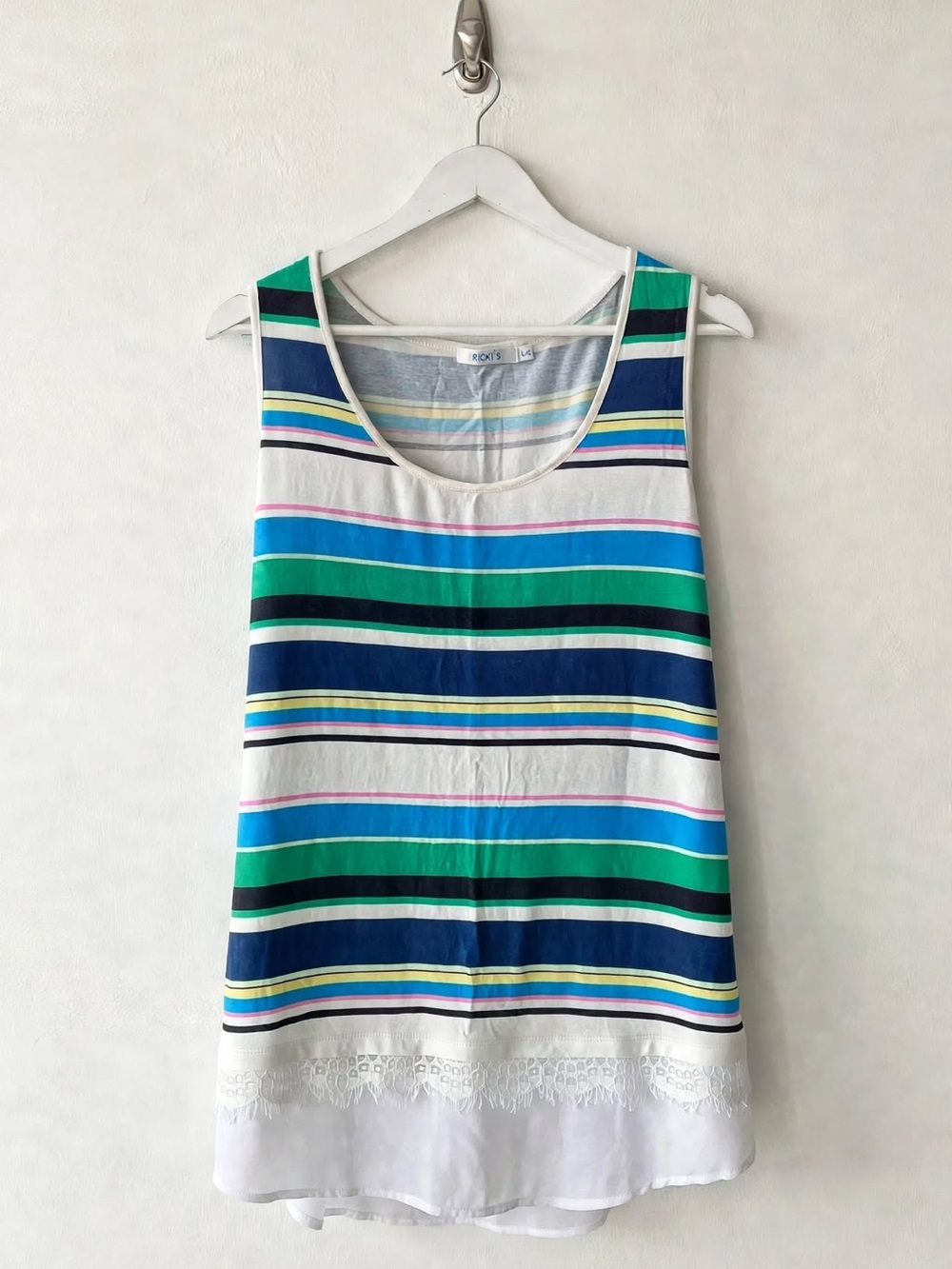 Ricki's Sleeveless Tank Top Stripes Lace Chiffon Hem Colourful Size L